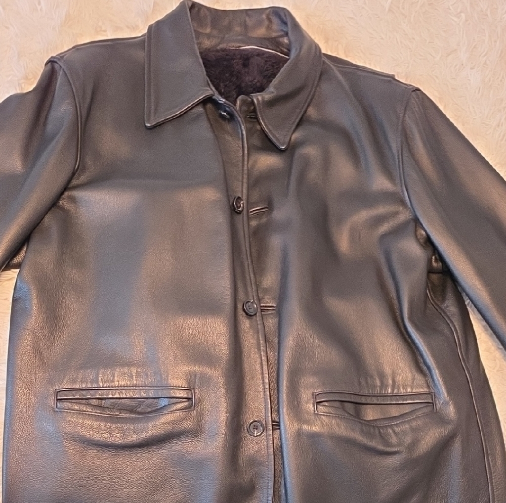 Men's Black Leather Button-Front Coat